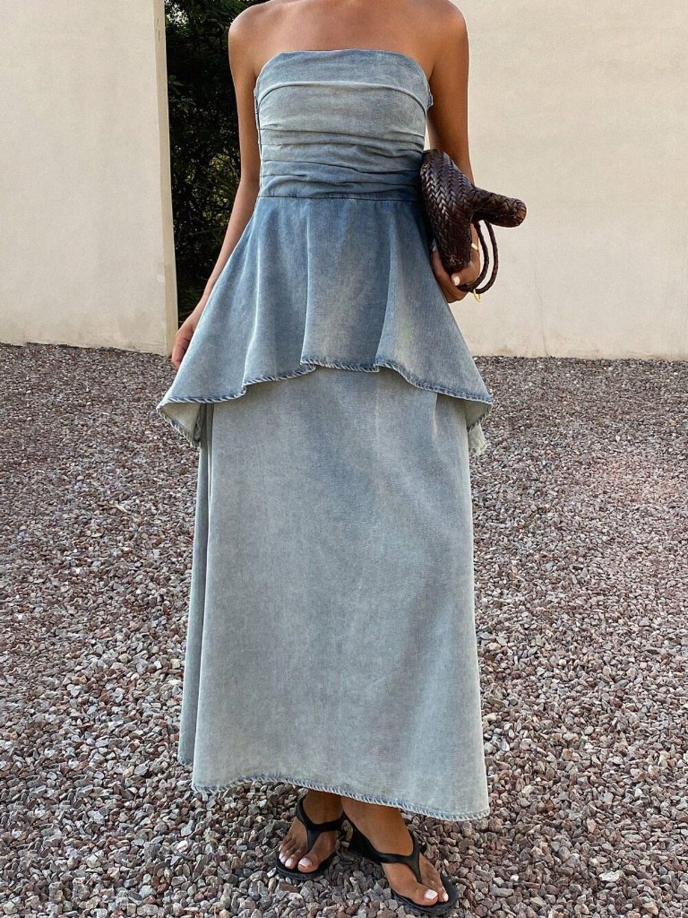 Blue Casual Bohemian Women's Midi Denim Dress with Spaghetti Straps - Picture 4 of 7